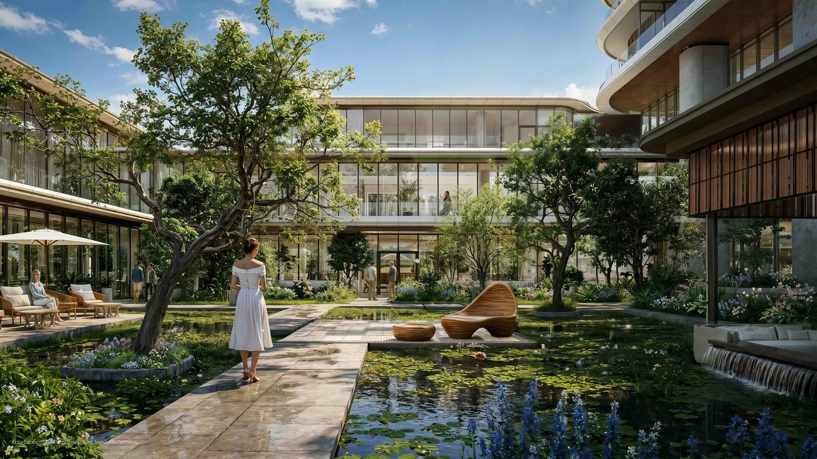 Anantara Residences Miami — north garden courtyard with koi pond