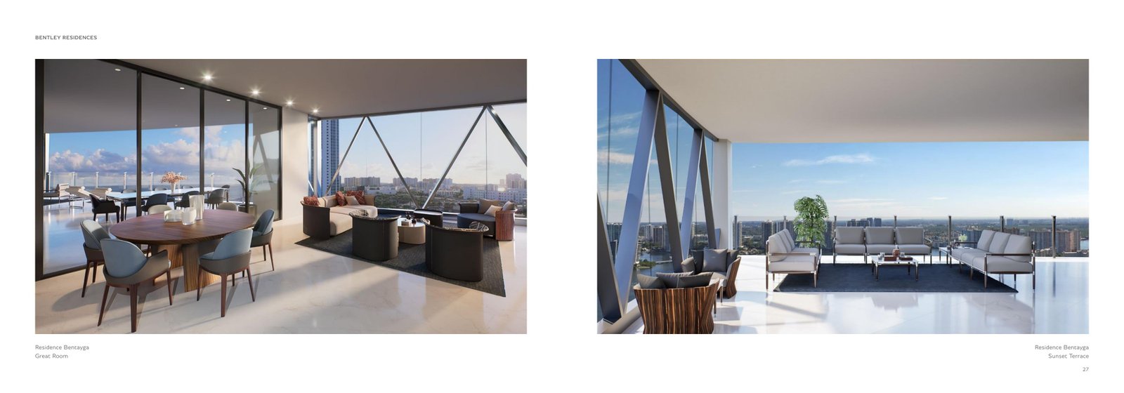 Bentley Residences Bentayga great room and sunset terrace rendering