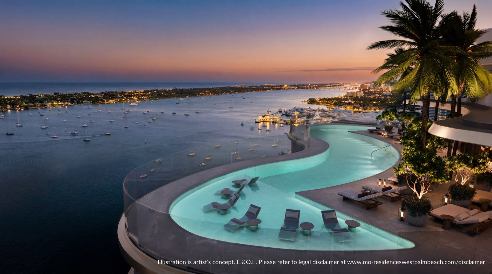 Mandarin Oriental Residences West Palm Beach — aerial view of curved rooftop pool at dusk