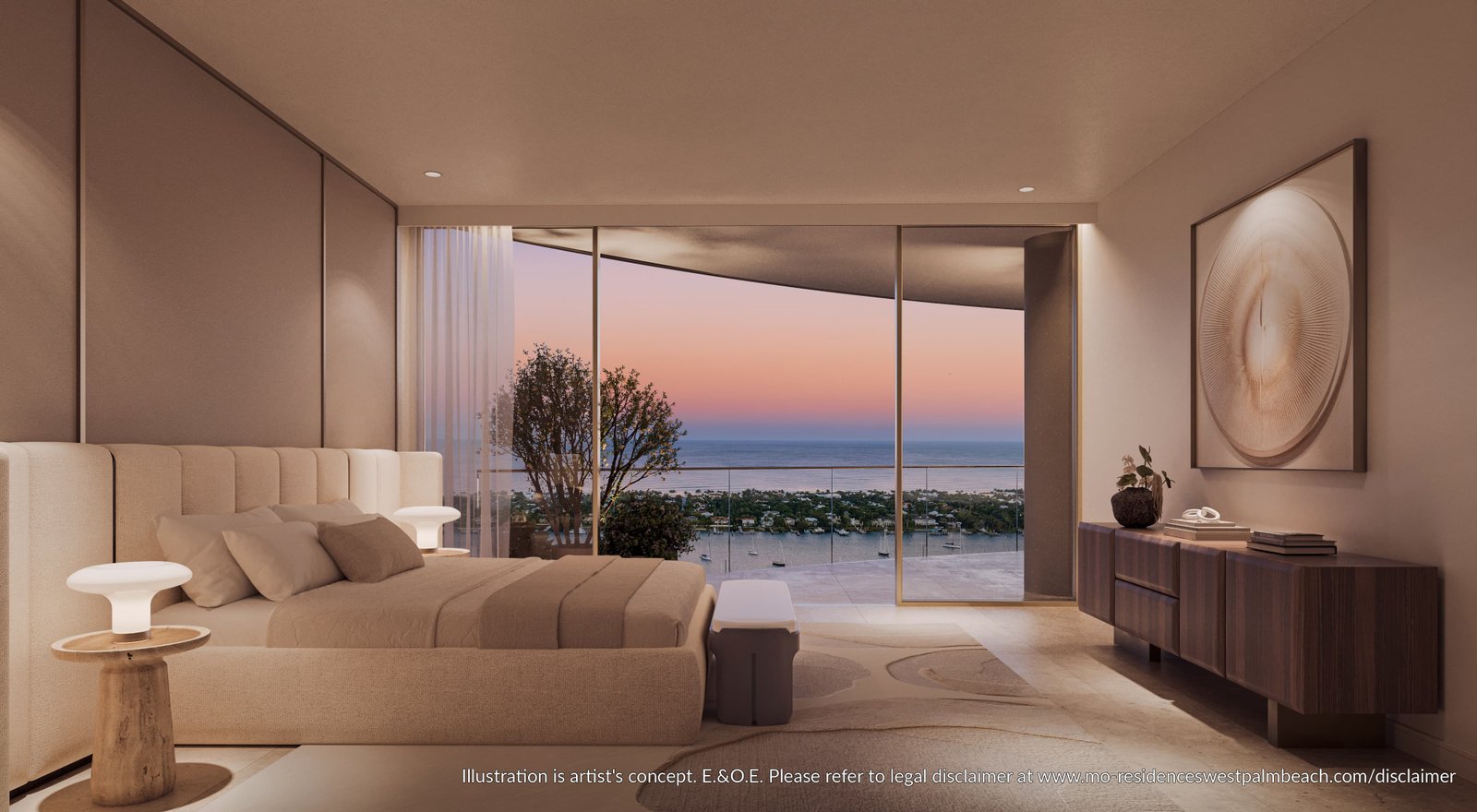 Mandarin Oriental Residences West Palm Beach — primary bedroom at sunset