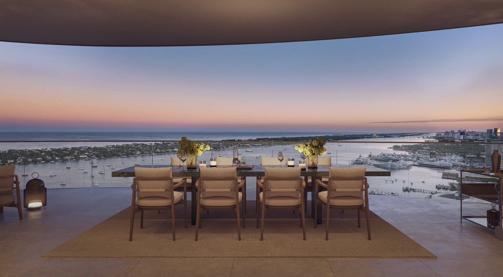 Mandarin Oriental Residences West Palm Beach — sunset terrace dining with waterway views